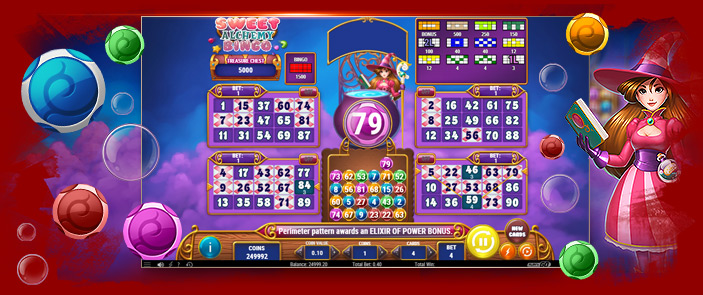 Pariez, misez et gagner de l'argent réel sur le jeu de Bingo Sweet Alchemy de Play'n Go ! Pariez, misez et gagner de l'argent réel sur le jeu de Bingo Sweet Alchemy de Play'n Go !